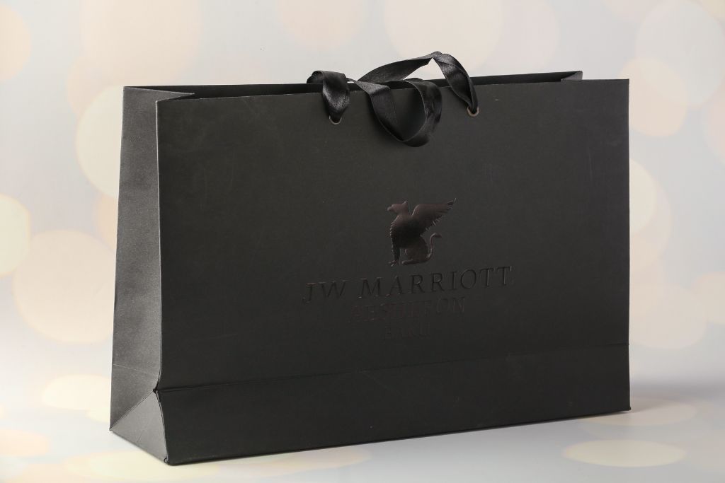 JW Marriott Absheron Baku luxury bag — black Soft-Touch, satin ribbon handle, griffin logo embossed