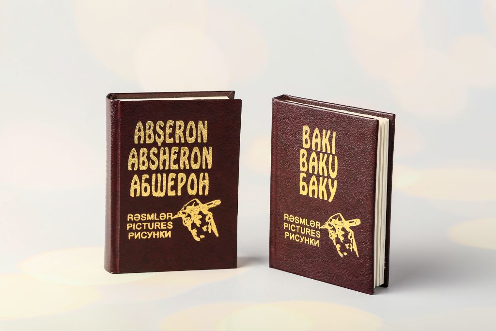 Pair of miniature books Absheron and Baku — leather binding, gold embossing