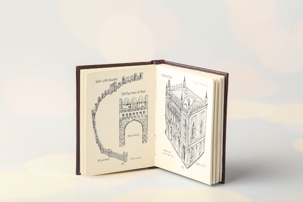 Open miniature book Baku — illustration of the 12th-century Tower Wall and Ismailiyya
