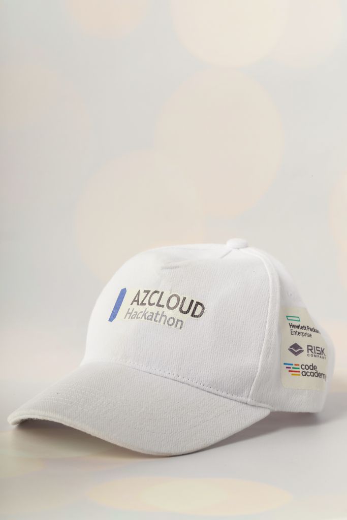 AzCloud Hackathon cap — white, logo embroidery, sponsor logos on side