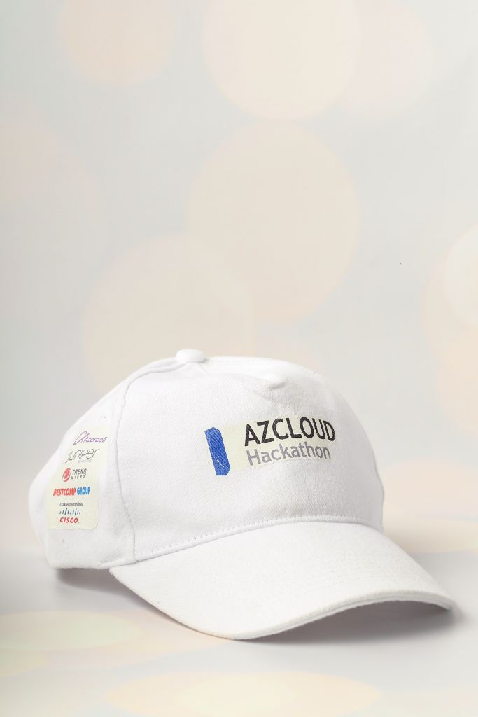 AzCloud Hackathon cap — white, side view, Azercell Juniper Cisco sponsor logos