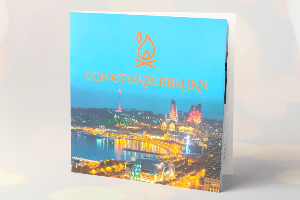 ComeToAzerbaijan — square catalogue with foil embossing, Baku night panorama