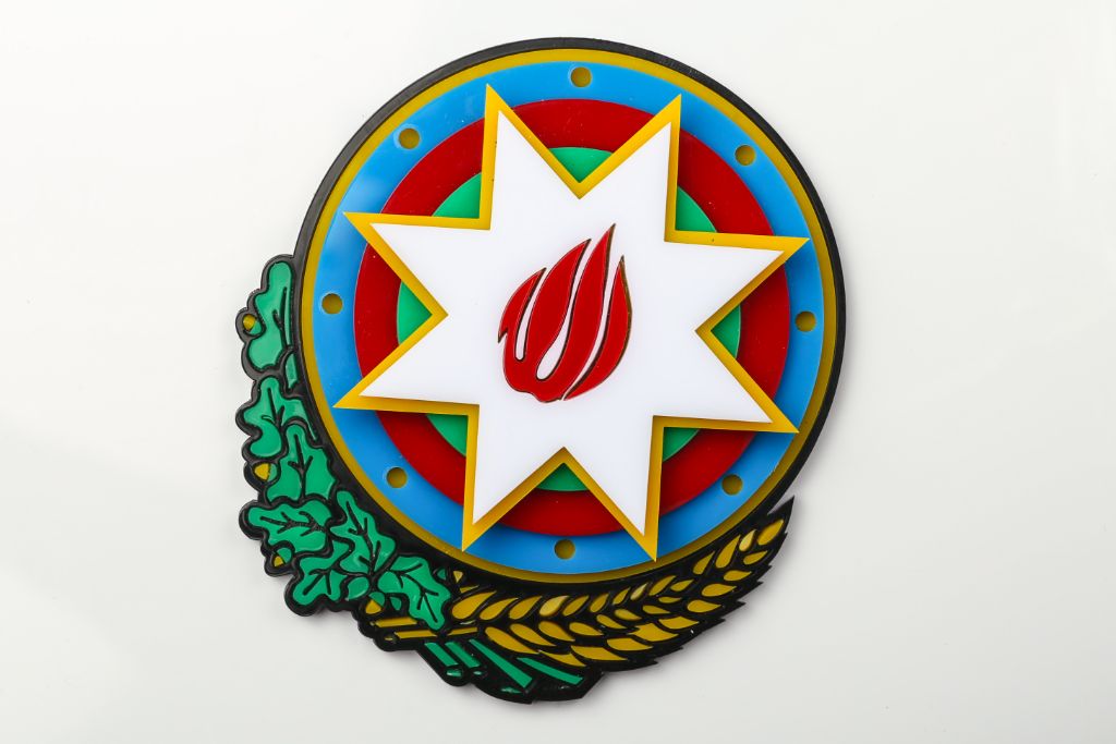 Azerbaijan coat of arms 3D — multi-layer acrylic, full-colour, front view on white wall