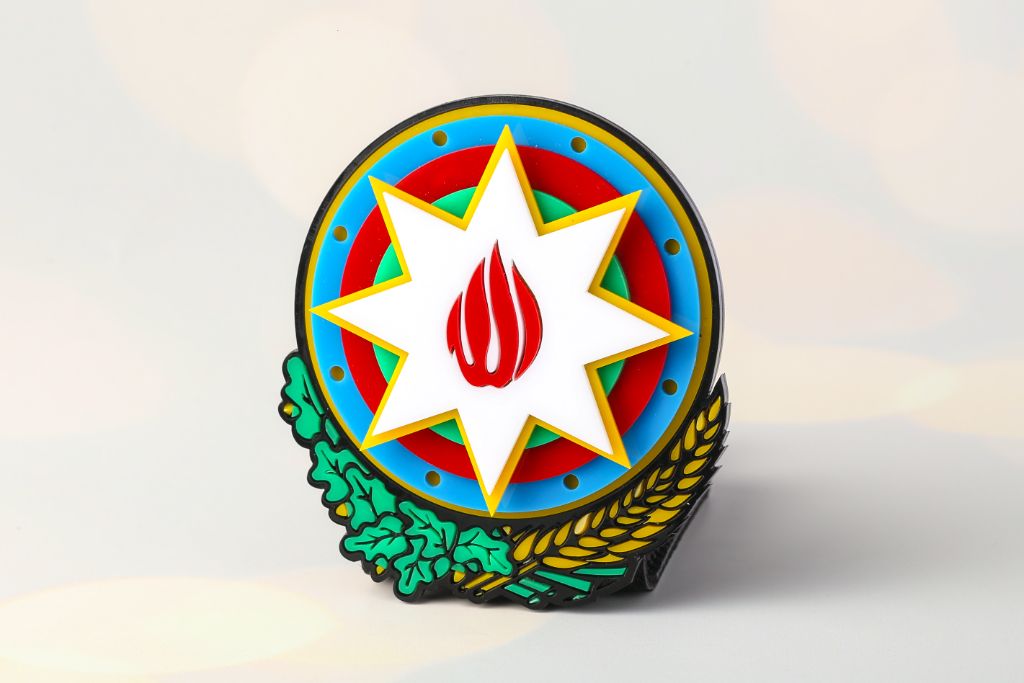 Azerbaijan coat of arms 3D — multi-layer acrylic, full-colour, on stand, side view