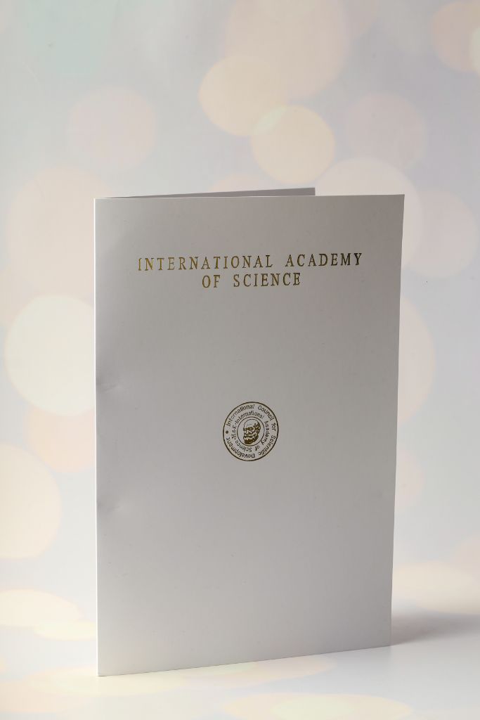 International Academy of Science — silver foil on folder