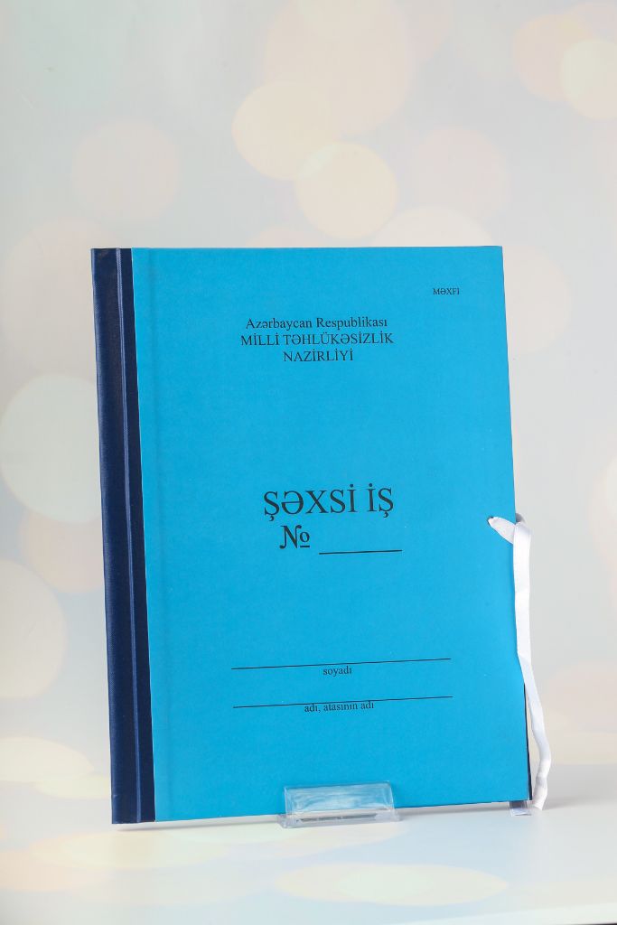 Blue hardcover folder — Şəxsi iş, ribbon bookmark