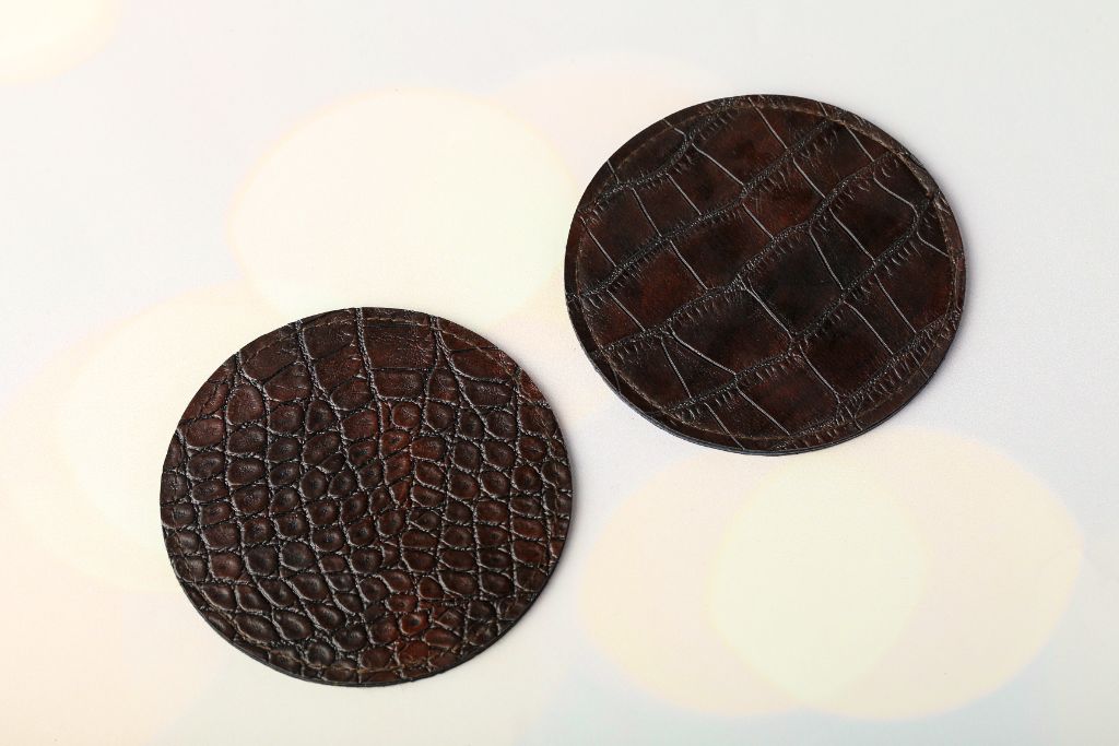 Leather coasters — crocodile emboss, chocolate colour