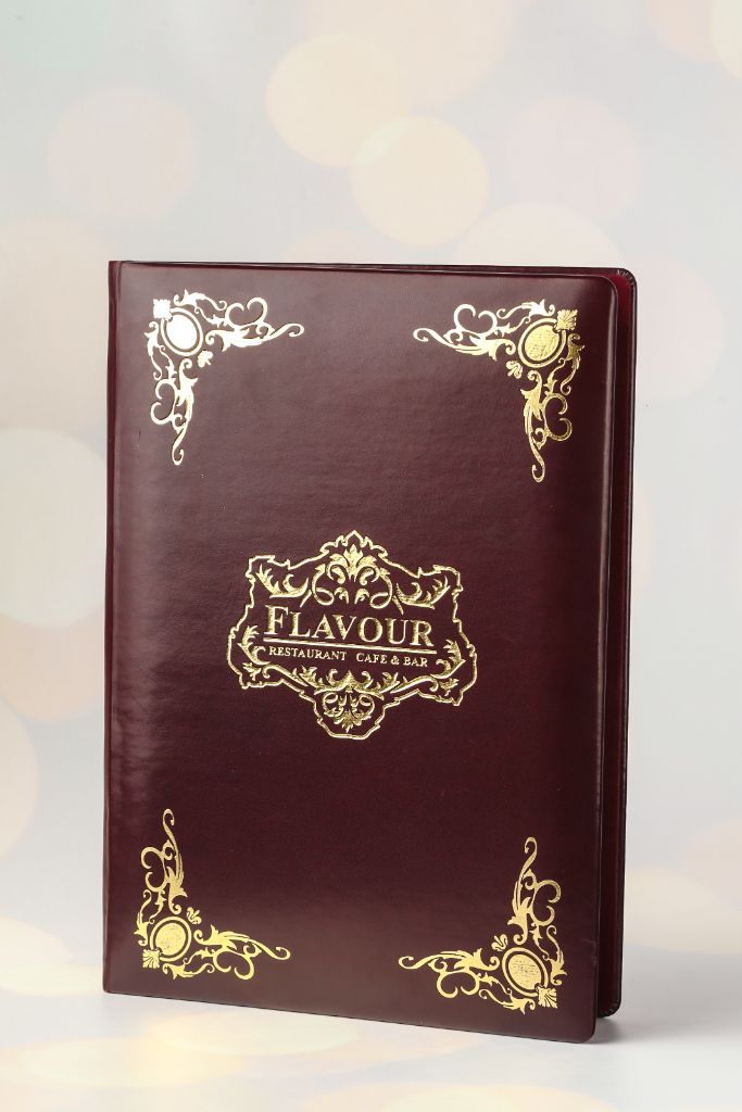 Flavour Restaurant Cafe & Bar menu cover — burgundy leather folder, gold-embossed logo and corner ornaments