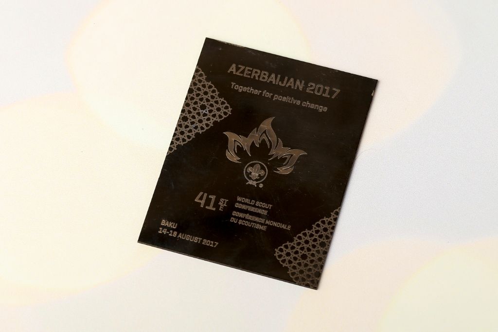41st World Scout Conference metal plate — Baku, Azerbaijan 2017, black anodised aluminium, laser-engraved logo and text