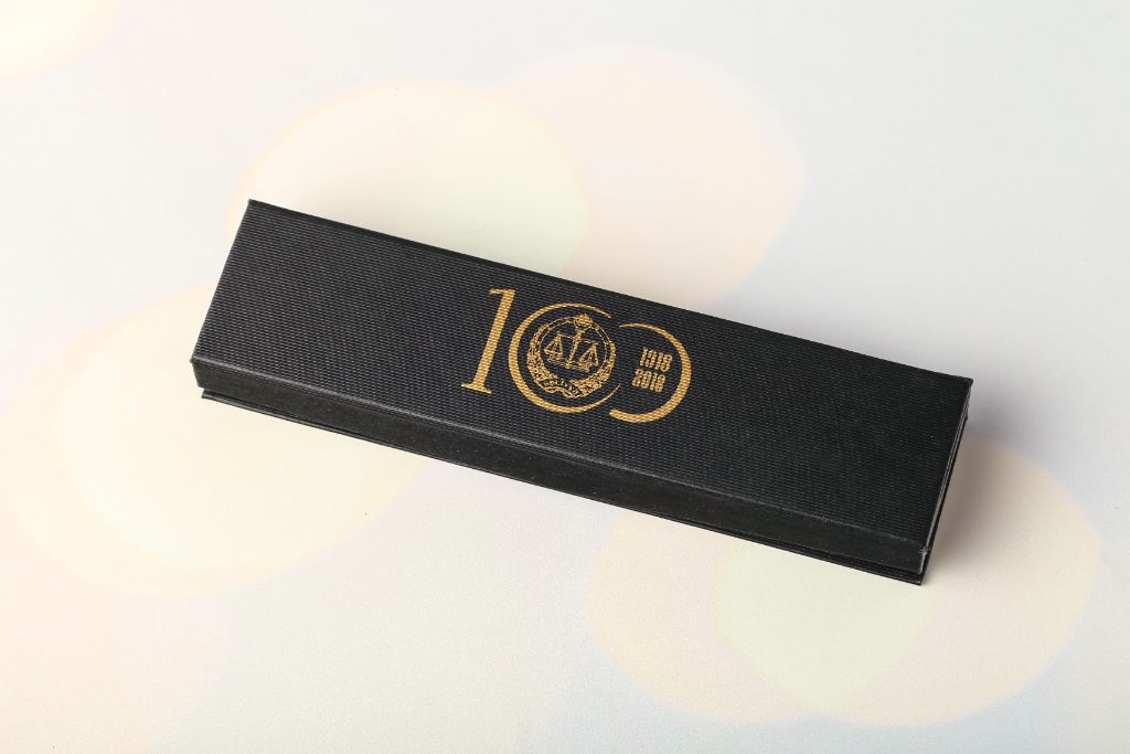 Gift box Adliyyə Nazirliyi 100 il — black, gold foil stamped anniversary logo