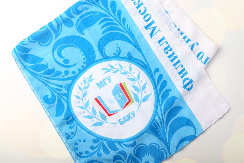 MGU Baku scarf — light blue, folded, ornament, MGU Baku full-colour logo