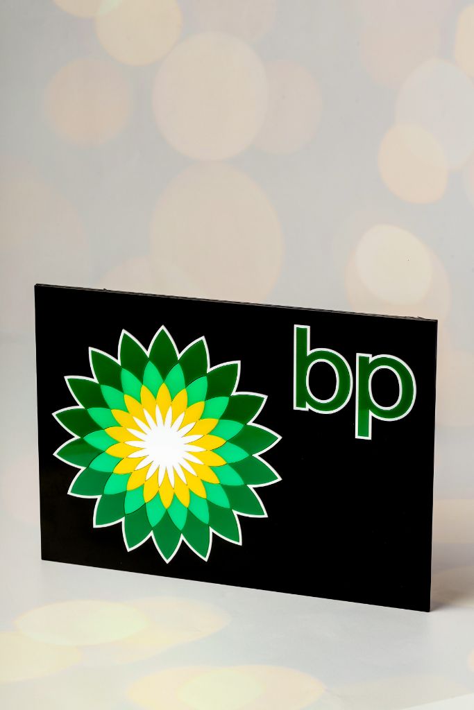 BP corporate fascia — side view, multi-layer acrylic on stand