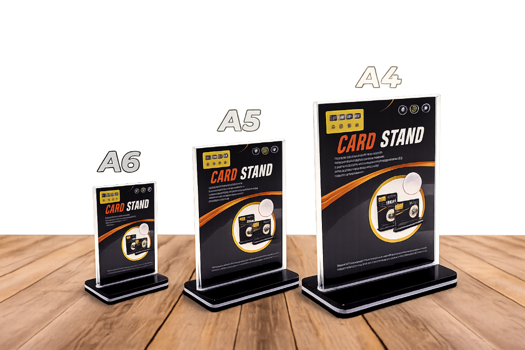 Desktop acrylic stands A4, A5, A6 — three sizes, black base