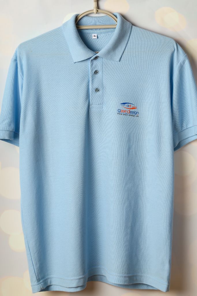 Azeri Design corporate polo — sky blue, chest embroidery, front view