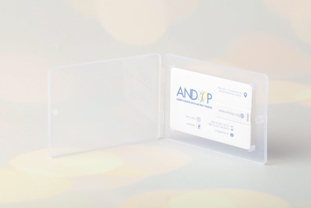 ANDOP Academy card USB flash drive — open transparent plastic case with card drive inside