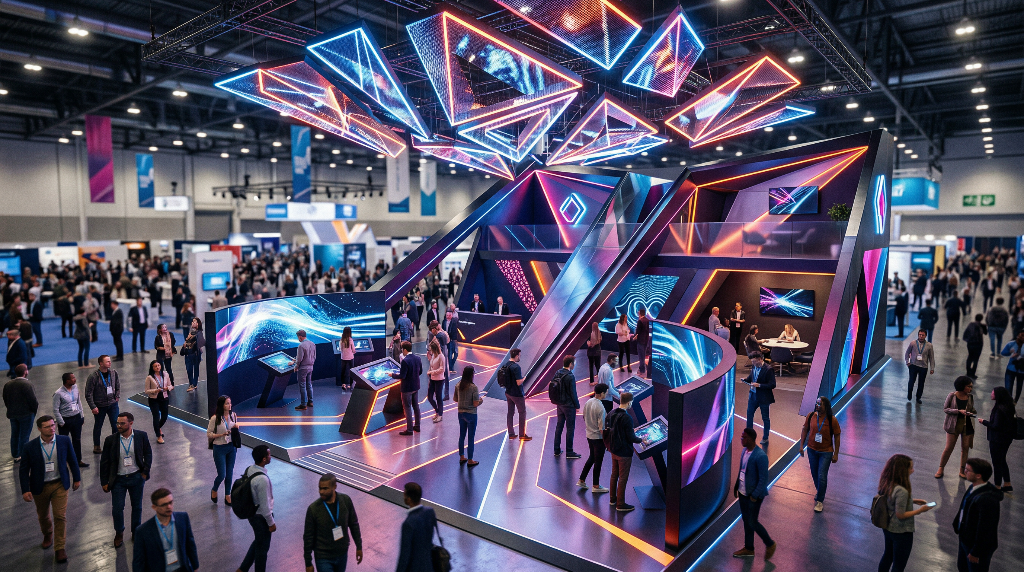Custom-built large-scale exhibition stand with LED walls and interactive displays