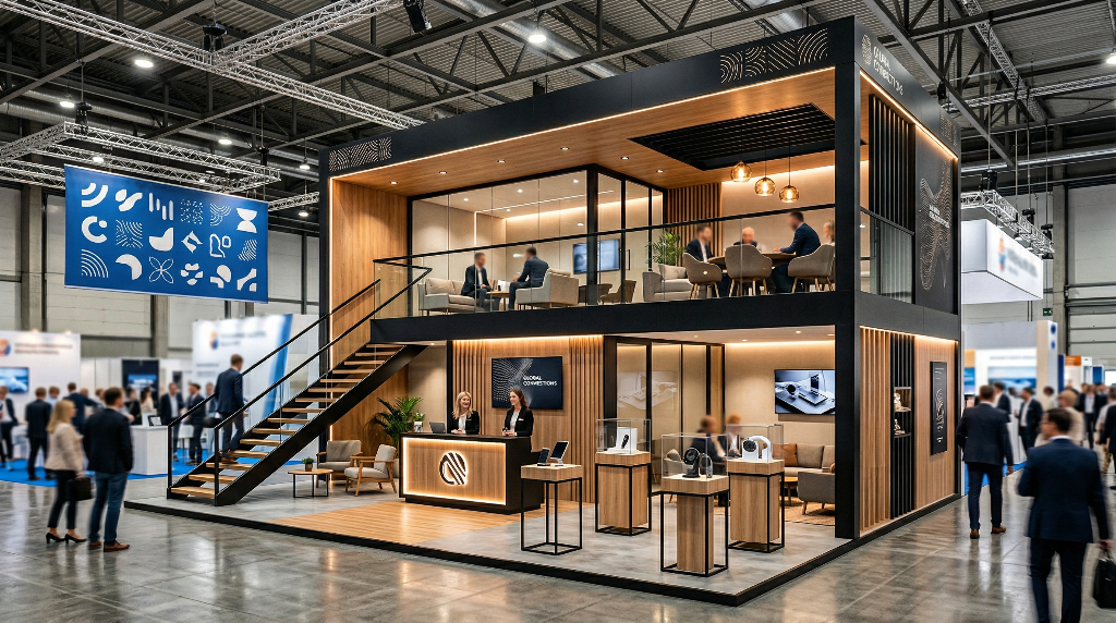 Double-deck exhibition stand with upper VIP lounge and open ground floor showroom