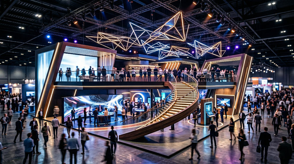 Double-deck exhibition stand with spiral staircase LED lighting and crowd