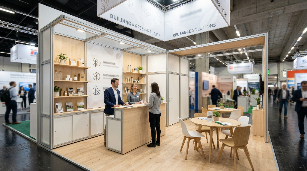 Modular exhibition stand — clean white aluminium profile system with natural wood shelving
