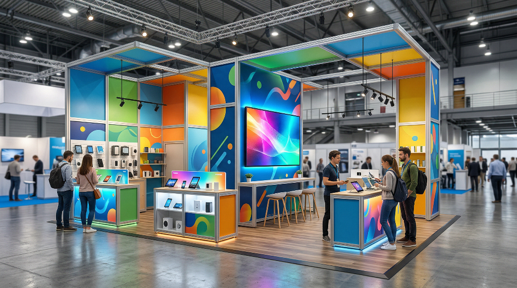 Modular exhibition stand — colourful reconfigurable system with LED screen and product displays