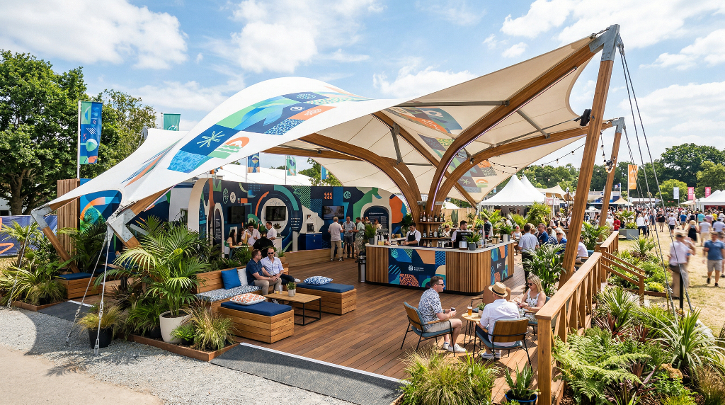 Outdoor branded stand — tensile canopy with lounge terrace and tropical landscaping