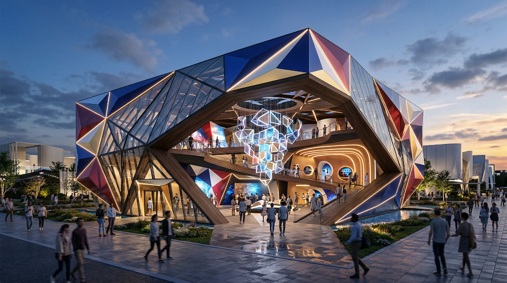 Country pavilion exterior — large-scale national exhibition stand with geometric architecture