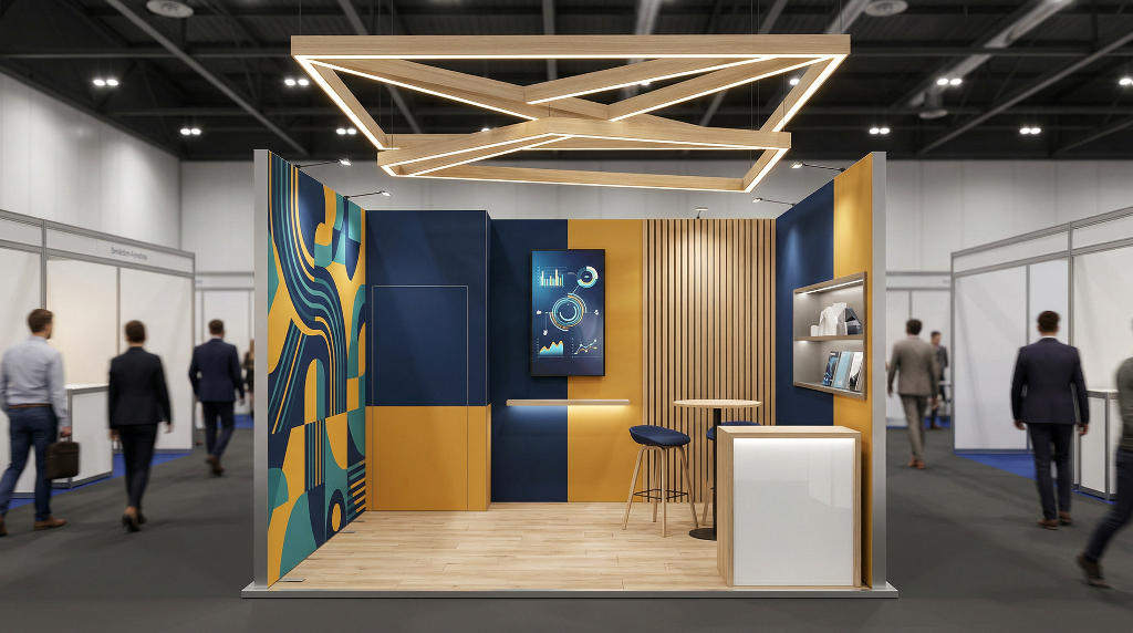 Shell scheme upgrade — branded navy and gold stand with LED ceiling and wood slats